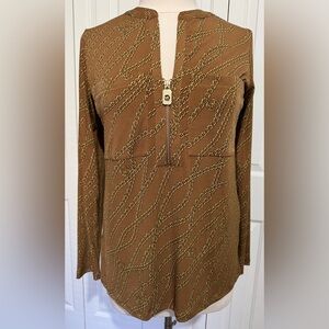 Michael Kors Long Sleeve Knit Top Logo Chain Link Design Tan Yellow SZ MED NWOT